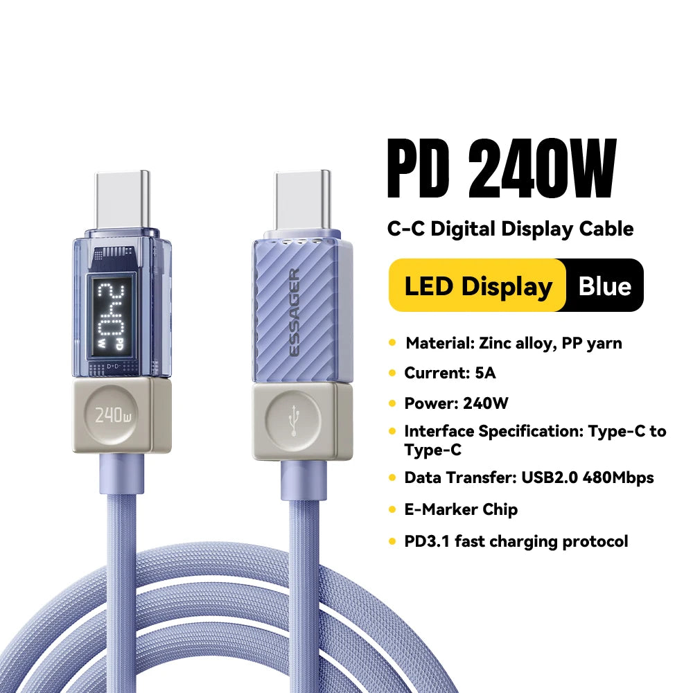 Essager 240W USB C Cable for iPhone 18 17 16 Plus Pro Max Macbook iPad Supercharge Fast Charger Type C Cable for Xiaomi Samsung