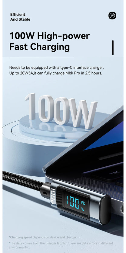 Essager PD100W USB Type C Cable 90 Degree 5A Fasting Charing For iPhone Xiaomi Samsung Huawei Laptops LED Digital Display Cable