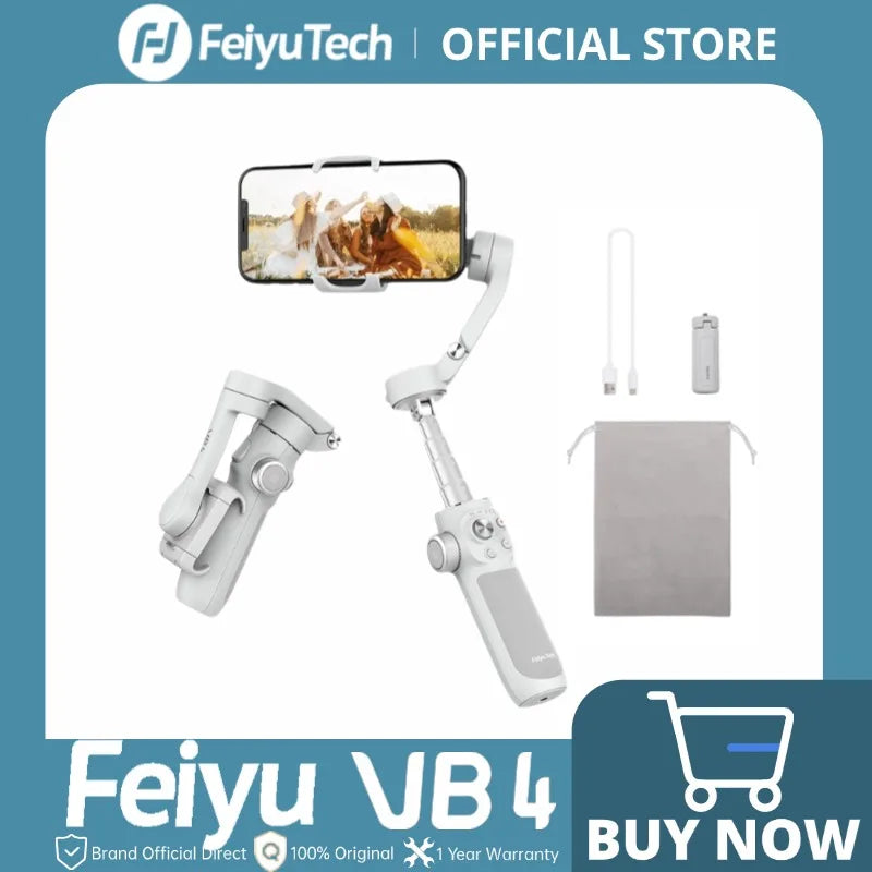 FeiyuTech VB4 3-Axis Gimbal Stabilizer for iPhone & Android, Built-in Selfie Stick, Foldable Design for Vlogging, Face Tracking