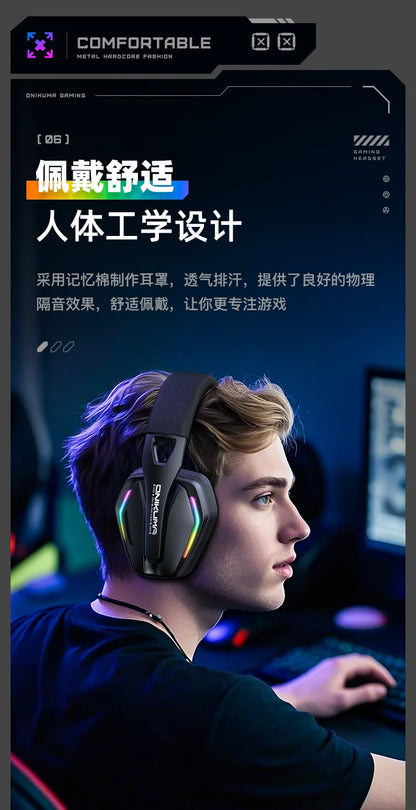 ONIKUMA GT826 Wireless Headset Gaming Headphone Tri Mode Connection Bluetooth USB C 2.4G Low Latency RGB Stereo Sound For PS5 PC