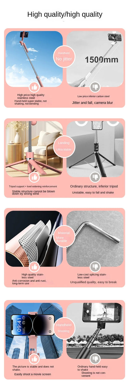 Roreta New 1.7M 360° Rotation Tripod for Smartphone Camera, Phone Holder with Bluetooth Shutter, Wireless Selfie Stick Brackets