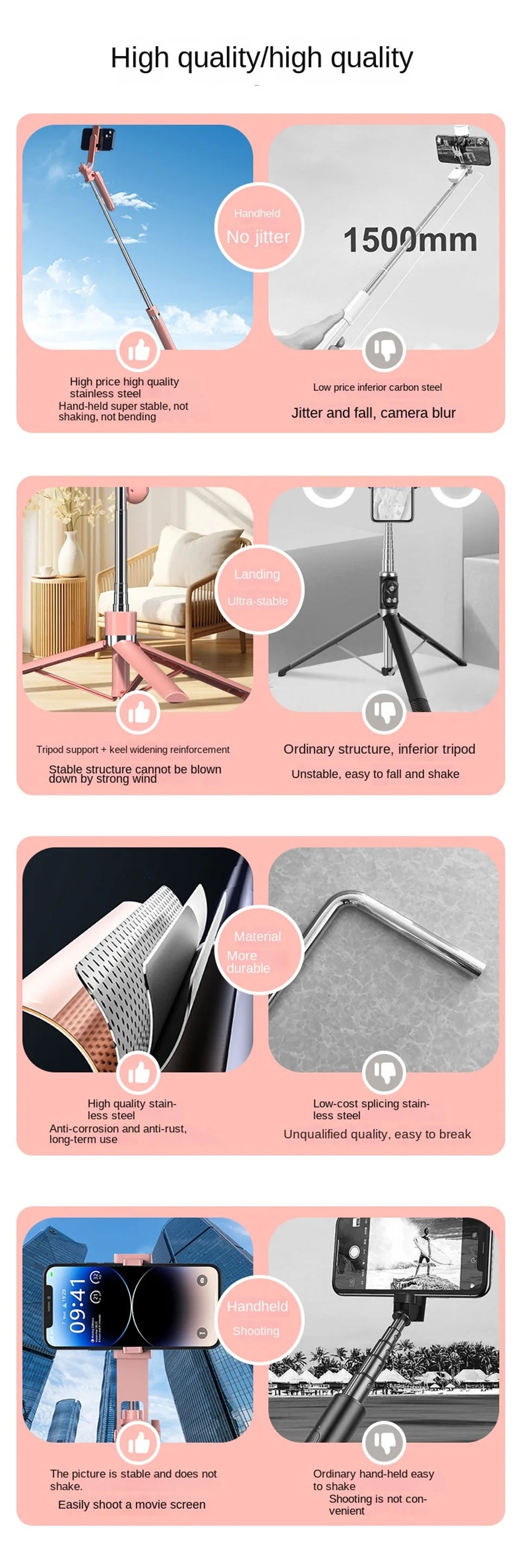 Roreta New 1.7M 360° Rotation Tripod for Smartphone Camera, Phone Holder with Bluetooth Shutter, Wireless Selfie Stick Brackets