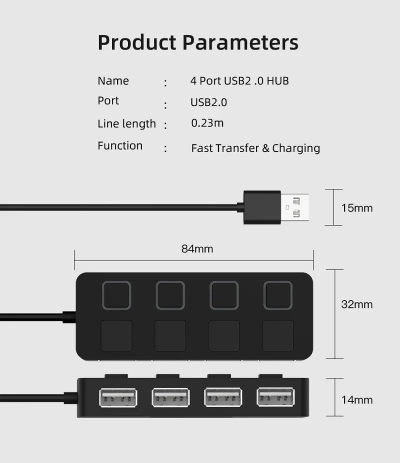 4 Ports USB 2.0 HUB Multi USB Splitter Expander Multiple USB 2.0 Hub Use Power Adapter USB2.0 Hub with Switch For PC Computer