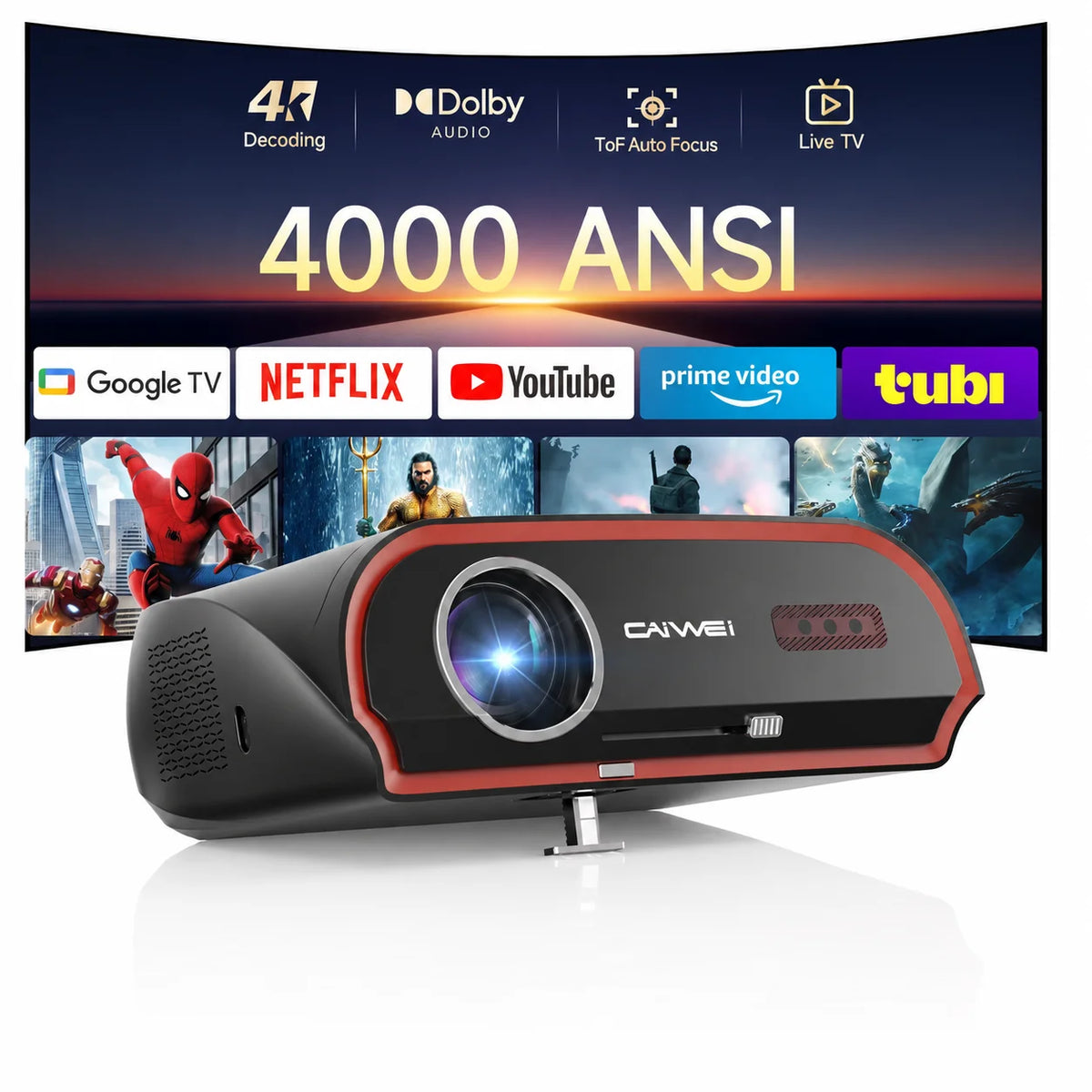 CAIWEI A10R Google TV 4K Projector 4000 ANSI Full HD 1080P Android 14 Home Theater for Movies Auto Focus Portable Projector Beam