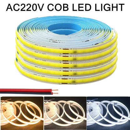 AC220V 240LEDs/M COB LED Strip Light Flexible Tape Lights Smart IC No Need Driver High Bright Linear Lighting RA95 Warm White