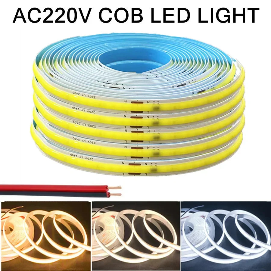 AC220V 240LEDs/M COB LED Strip Light Flexible Tape Lights Smart IC No Need Driver High Bright Linear Lighting RA95 Warm White