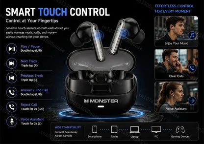 Monster Airstar A03 ANC Bluetooth 6.0 Earbuds Punchy Deep Bass Sports Headphones Active Noise Cancellation TWS Wireless Earphone