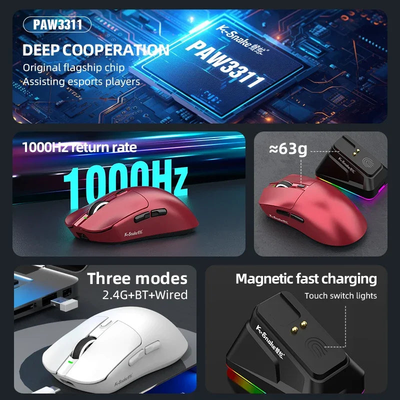 X11PRO Wireless Gaming Mouse, Tri-Mode Bluetooth+2.4G+wired,65g Lightweight, PAW3311 Sensor, 12000 DPI