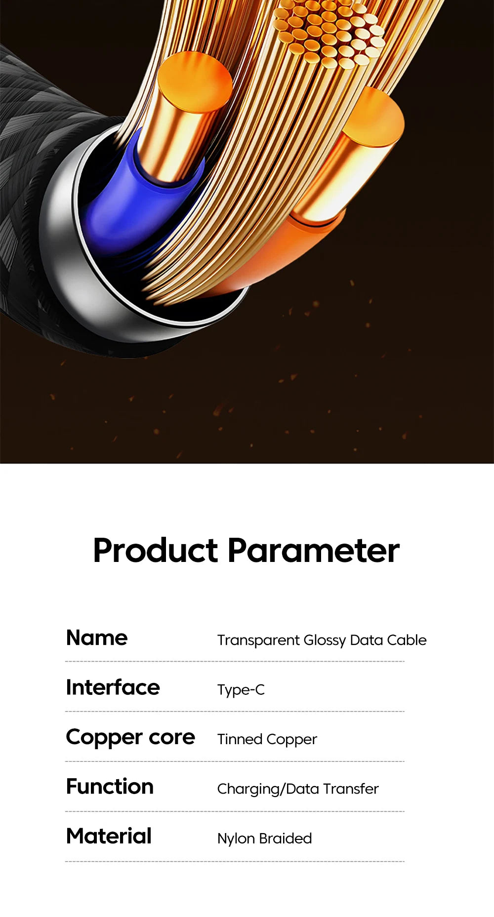 USB C Quick Charging Cable 240W  Braided Transparent Type C High-speed Charger Wire for 16/17 for Samsung Huawei Mi Data Line