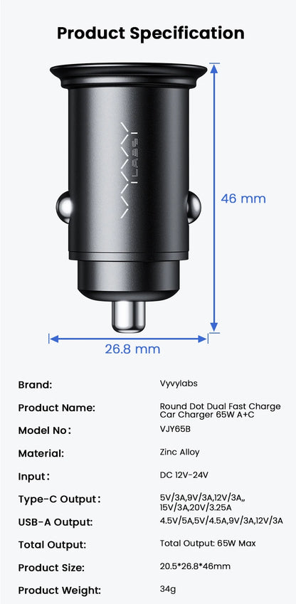 Vyvylabs 65W Car Charger Zinc Alloy Mini USB-A Type-C Fast Charging Adapter DC12V-24V Car Max 65W for iPhone 17 Samsung Huawei