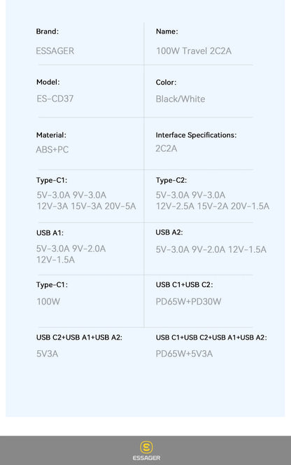 Essager 100W USB Type C Charger 65W PD Quick Charge4.0 3.0 Type-C Fast Charging For iPhone 14 13 12 Xiaomi Macbook 13 Pro Laptop