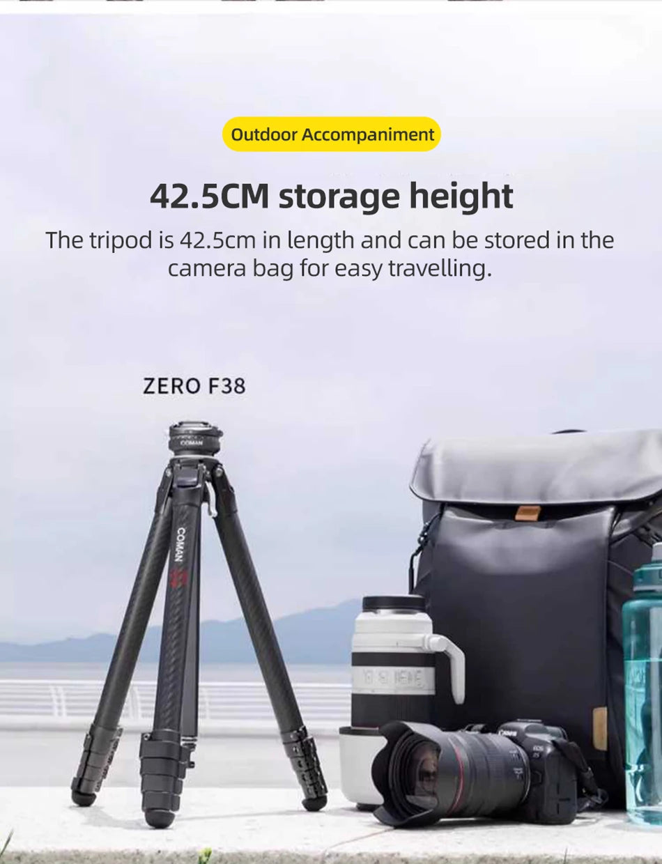 COMAN Zero F38 Carbon Fiber Tripod with Quick Release 360° Panoramic Ball Head for Nikon Canon DSLR Camera Travel Size