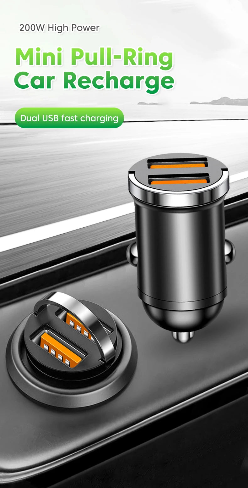 200W Dual USB Car Charger Pull Ring Fast Charging Car Phone Charger Adapter For Xiaomi Samsung Mini Car Charger
