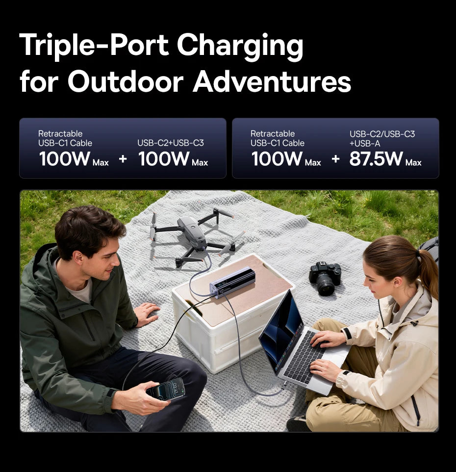 Baseus 200W 25000mAh Power Bank Dual Retractable USB-C Cables 4-Device Fast Charge Portable External Battery Charger For Laptop