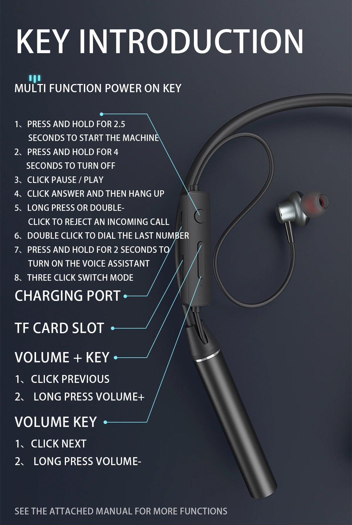 Neck-mounted TWS sports Bluetooth earphones with a metal casing, memory neckband, bendable and portable. Supports TF card playback for music. Dual battery design for ultra-long battery life. Supports simultaneous connection t