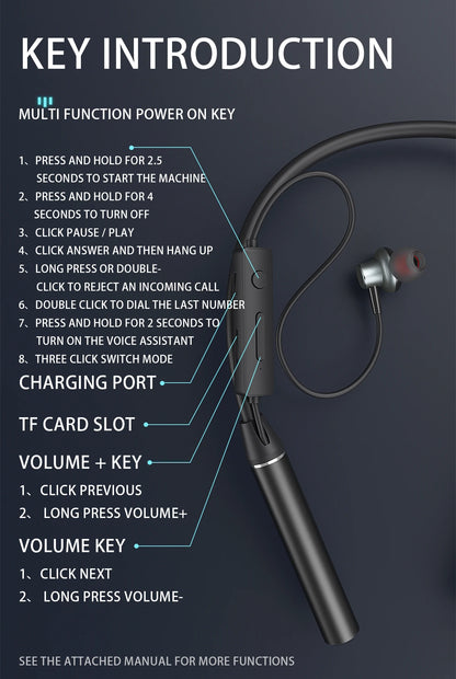 Neck-mounted TWS sports Bluetooth earphones with a metal casing, memory neckband, bendable and portable. Supports TF card playback for music. Dual battery design for ultra-long battery life. Supports simultaneous connection t