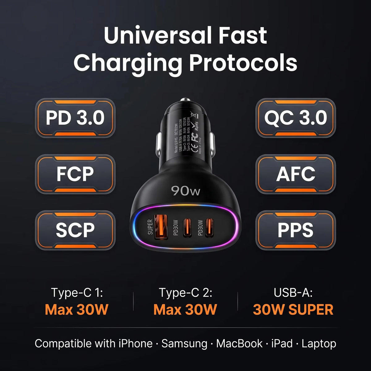90W USB C Car Charger Fast Charging Multi Port Dual PD 30W Type C USB A 30W Adapter for Laptop Phone MacBook PPS QC3.0 RGB LED