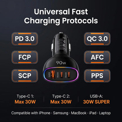 90W USB C Car Charger Fast Charging Multi Port Dual PD 30W Type C USB A 30W Adapter for Laptop Phone MacBook PPS QC3.0 RGB LED