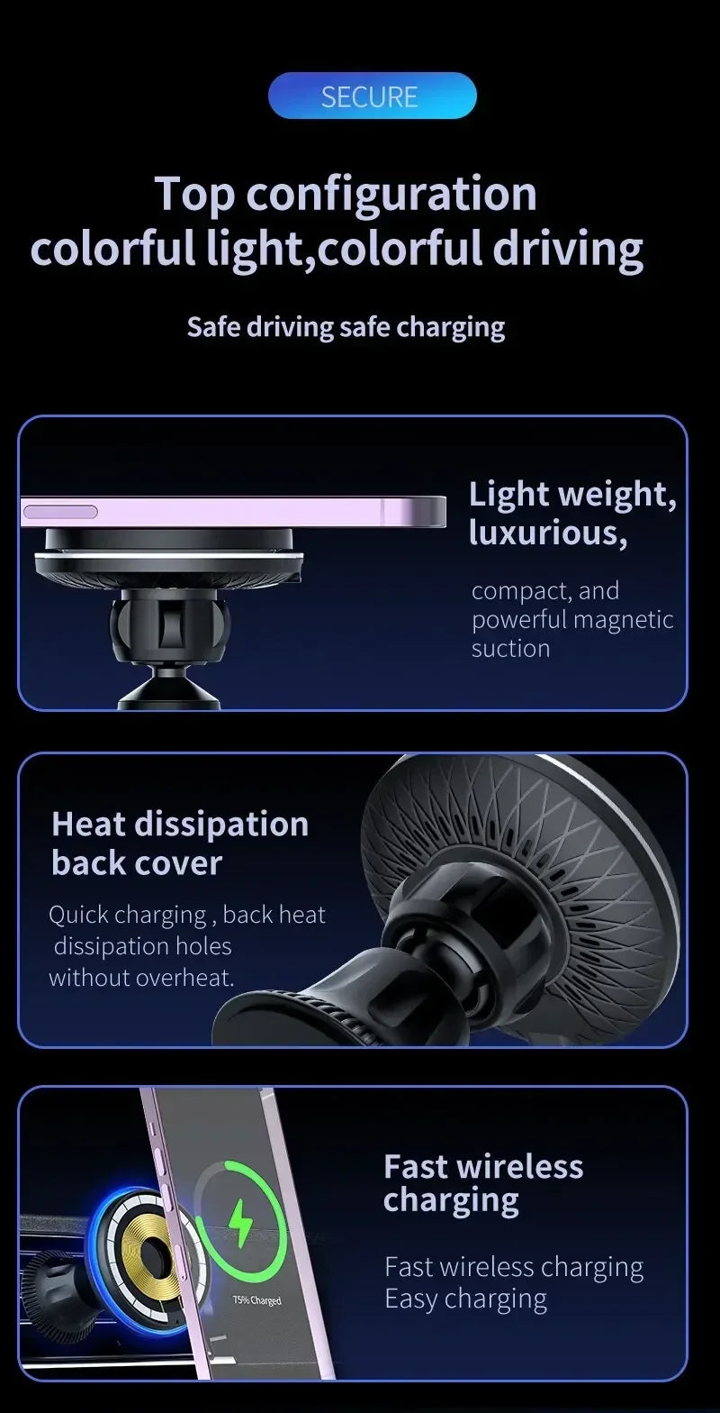 LED/RGB Magnetic Car Wireless Charger For iPhone 12 13 14 15 Pro Max Macsafe Car Phone Holder Stand Mount Fast Charging Station