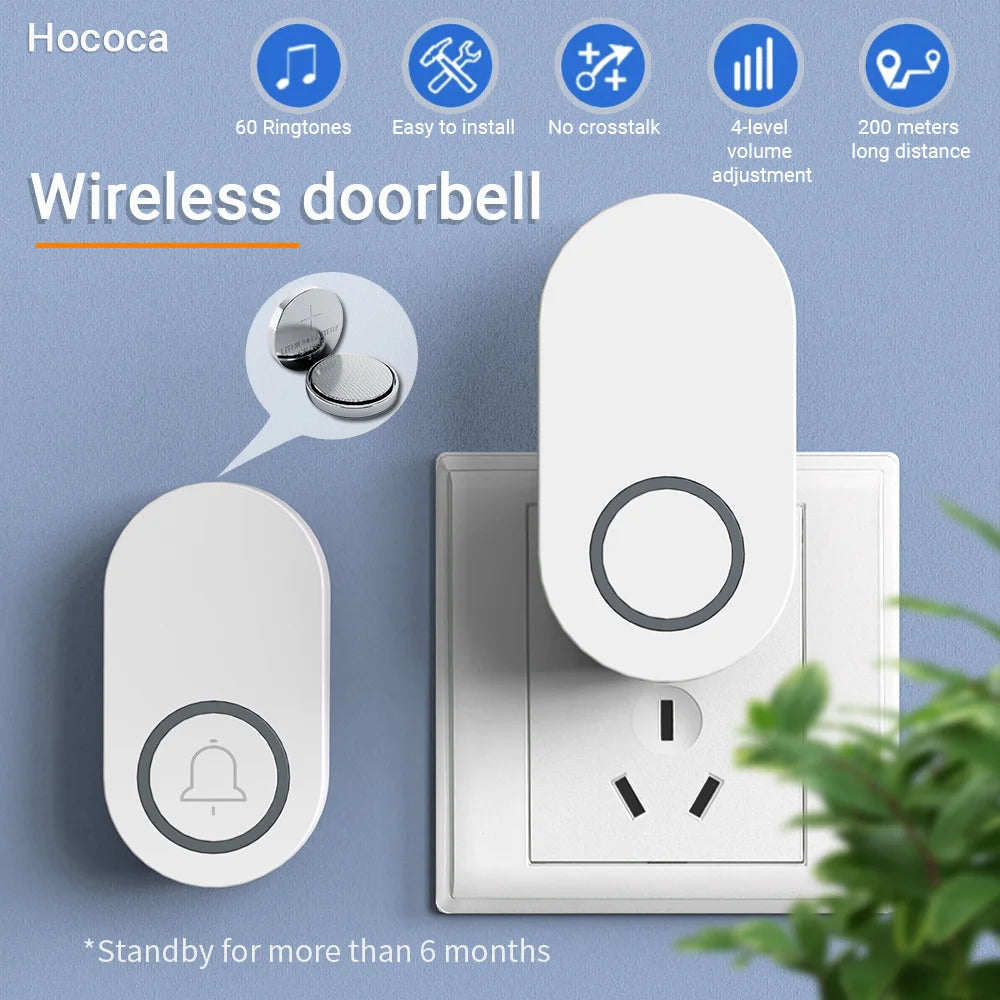 Hococa US/EU/UK Plug Outdoor Wireless Doorbell 60 Songs Melodies Waterproof Welcome Door Bell 200m Remote Call Bell With Battery