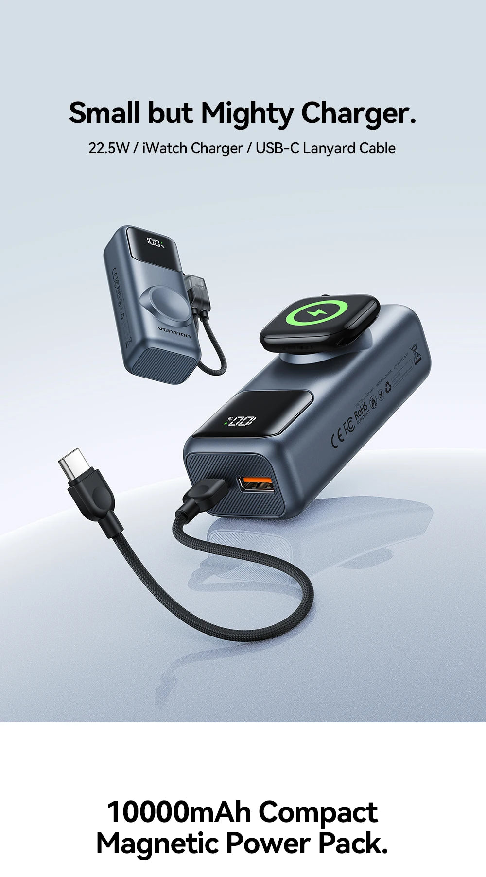 Vention 10000mAh Mini Power Bank 22.5W Fast Charging for iPhone 18 17 Magnetic Wireless Charger for Apple Watch Series 12 11