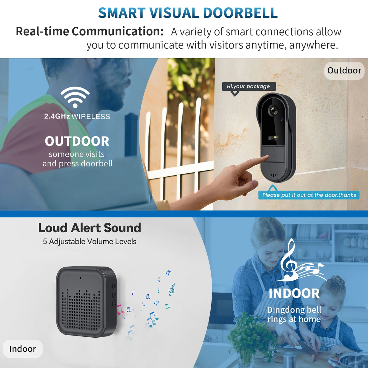 XBIBI Tuya WiFi doorbell, Smart Video Doorbell Camera, 2-way Intercom, Night Vision, microSD/cloud, waterproof, long standby, Wireless Security Camera, Rechargeable Battery