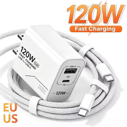 USB 120W Charger 2-Port GaN Type C Charger USB-C Fast Charging Wall Adapter US/EU Plug Phone Charger Compatible With Phone