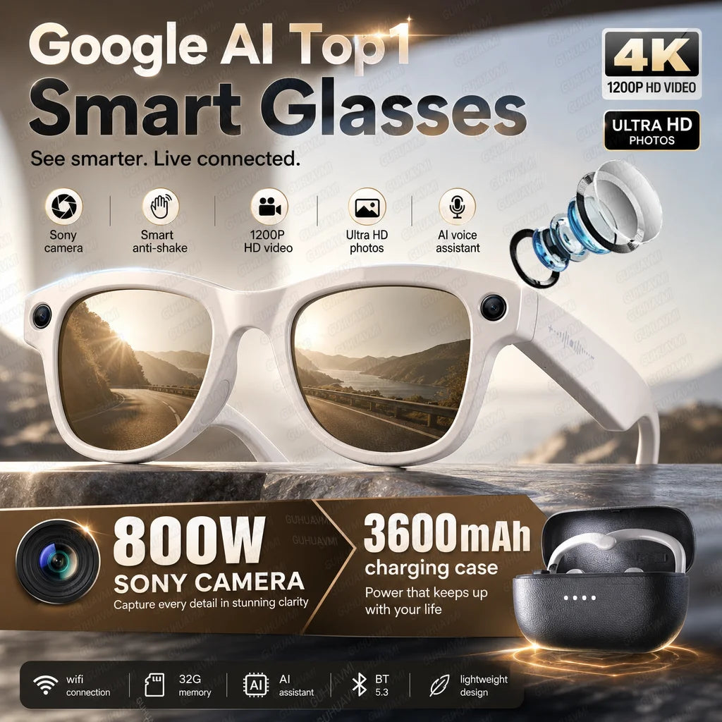 2026 New AI Smart Glasses Camera 800W Lens 30MP Photo 1200P Video Recording Bluetooth 5.3 WiFi Translation Sunglasses Men Women