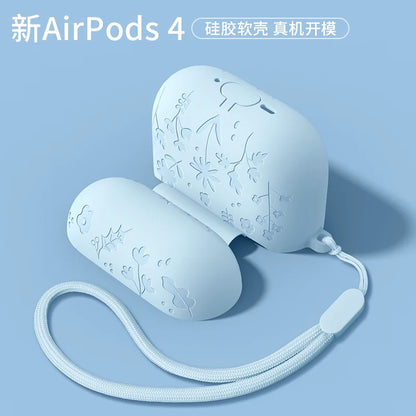 For AirPods 4th Generation Case with Cleaner Kit/Keychain Flower Engraved Silicone Shockproof Cover for 2024 AirPods 4 Case New