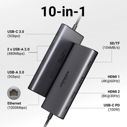 UGREEN Dual HDMI USB-C HUB 8K 4K HDMI Adapter 10 in 1 Splitter with RJ45 USB3.0 PD 100W Dock for MacBook Pro Air Laptop USB HUB