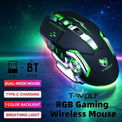 RGB Wireless Gaming Mouse - T-WOLF Rechargeable BT5.0 + 2.4G Dual-Mode Mouse, Silent Full-Size Ergonomic Design For Extended Work, Productivity & Gaming, Tech Desk Setup Accessories, Back To School Gift