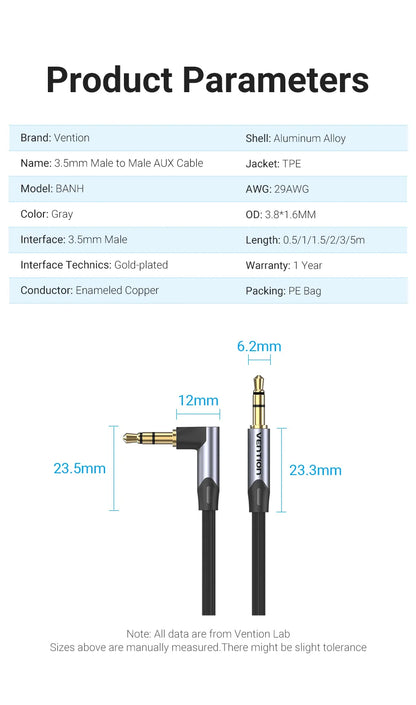 Vention Jack 3.5mm Aux Cable Male to Male 3.5mm Audio Cable Jack for JBL Xiaomi Oneplus Headphones Speaker Cable Car Aux Cord