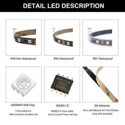 WS2811 WS2812B WS2813 WS2815 30/60/144Pixels/Leds/m 5050 RGBIC Smart LED Strip WS2812 Individually Addressable IC Light DC5V/12V