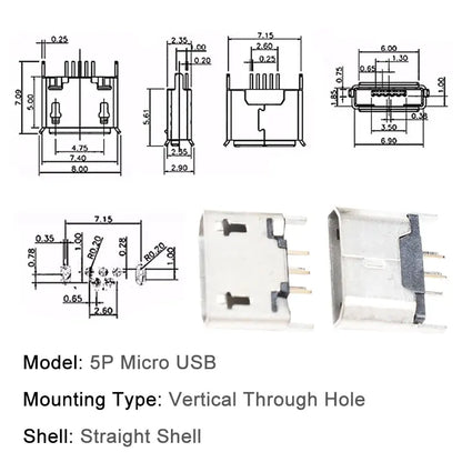 10PCS Micro USB Android Female Charging Socket, Flat Edge Crimped Type, 5Pin, 4 Mounting Pins, SMD & DIP Tail Connector