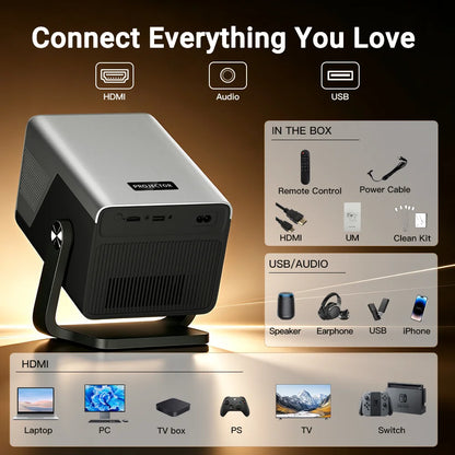 Lyncast 8K Support HD 1080P Auto Focus 2000ANSI Projector 5W Speaker Android 14 WiFi6 BT5.4 Outdoor Home Theater Projectors X7