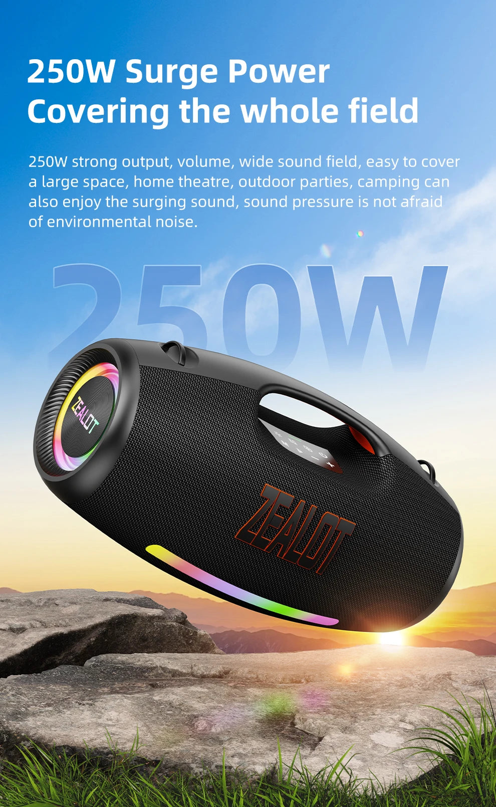 ZEALOT S89 Wireless Speaker 250W Portable Outdoor with RGB Color Lights Long 48000mAh Battery up to 8 Hours Playtime