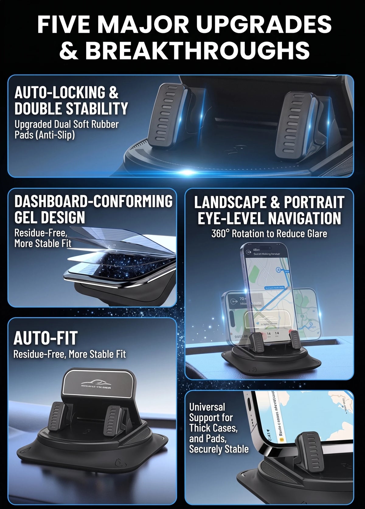 Car Dashboard Phone Holder Anti Slip Silicone Pad 360 Degree Rotation Head Up GPS Navigation Bracket Auto Accessories