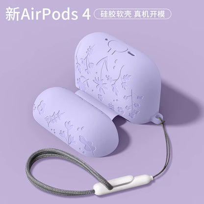 For AirPods 4th Generation Case with Cleaner Kit/Keychain Flower Engraved Silicone Shockproof Cover for 2024 AirPods 4 Case New