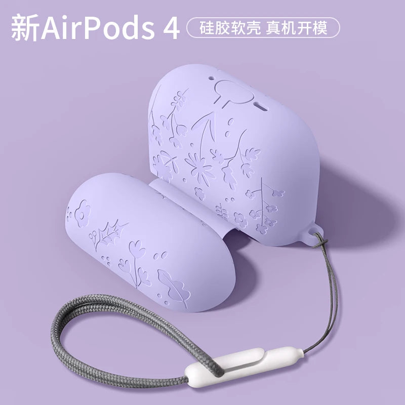 For AirPods 4th Generation Case with Cleaner Kit/Keychain Flower Engraved Silicone Shockproof Cover for 2024 AirPods 4 Case New