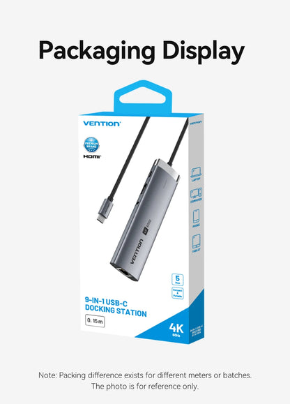 Vention USB C Hub HDMI 4K 60Hz 9 in 1 PD 100W RJ45 Adapter USB3.0 Hub 5Gbps Splitter Docking Station for MacBook Air iPad Laptop