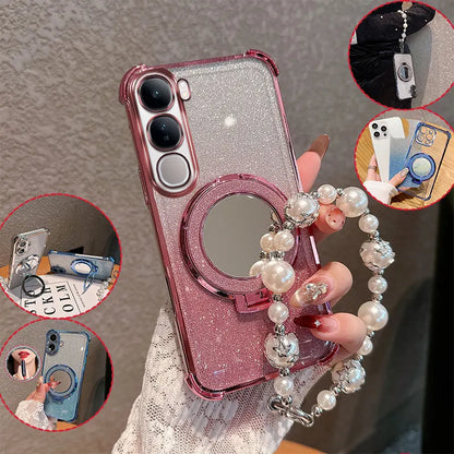 Bling Glitter Lipstick Mirror Stand Phone Case For Vivo Y31 5G Y21D With Pearl Chain Girls Women's Anti-drop Shockproof Cover