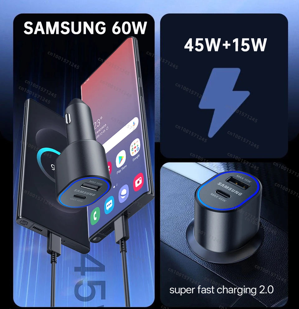 Original SAMSUNG Car Charger Type C 60w 45w 15w PD Auto Cargador Fast Charging Cable Samsung Galaxy S26 S25 S24 S23 Z Fold 8 7 6