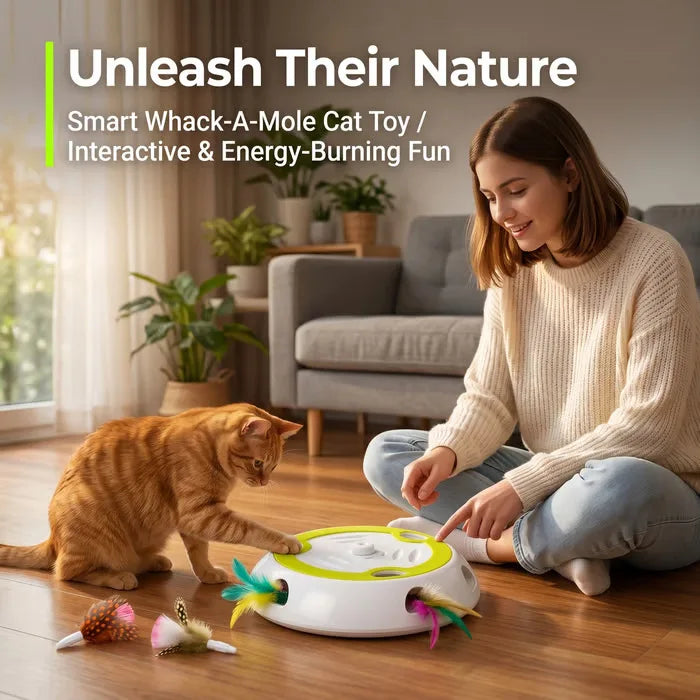 Interactive Whack-A-Mole Cat Toy, Smart Motion Activated Cat Toy with 3 Replacement Feathers
