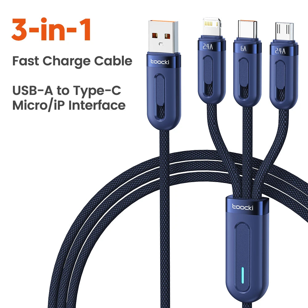Toocki 3 in 1 USB C Cable 6A Fast Charge for Huawei Honor Micro USB Lightning Charger Cord for iPhone 14 Samsung Xiaomi Oneplus