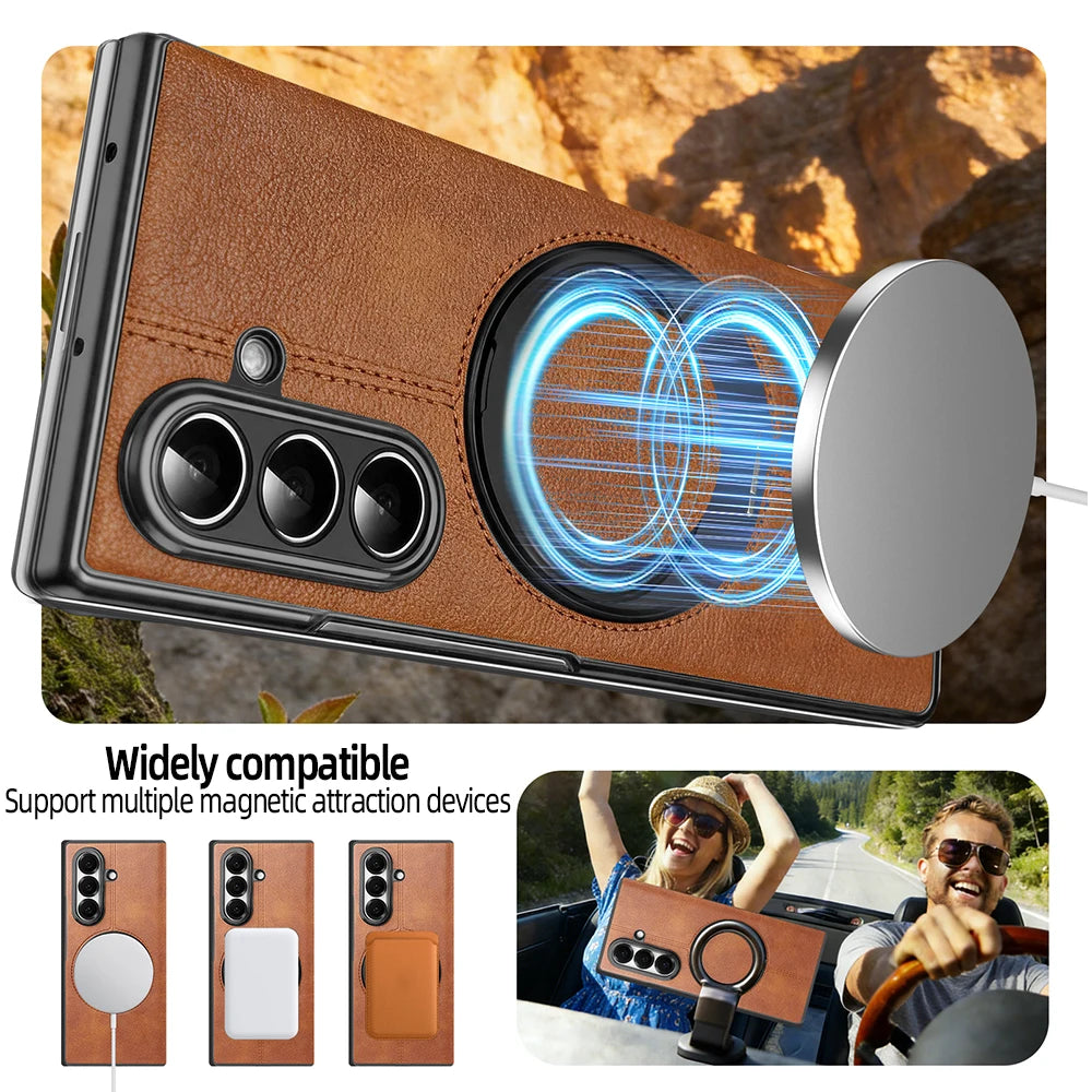 Magnetic Plain PU Leather Flip Phone Case With 360° Rotatable Ring Kickstand Holder for Samsung For Galaxy Z Fold 8 Ultra 7/6