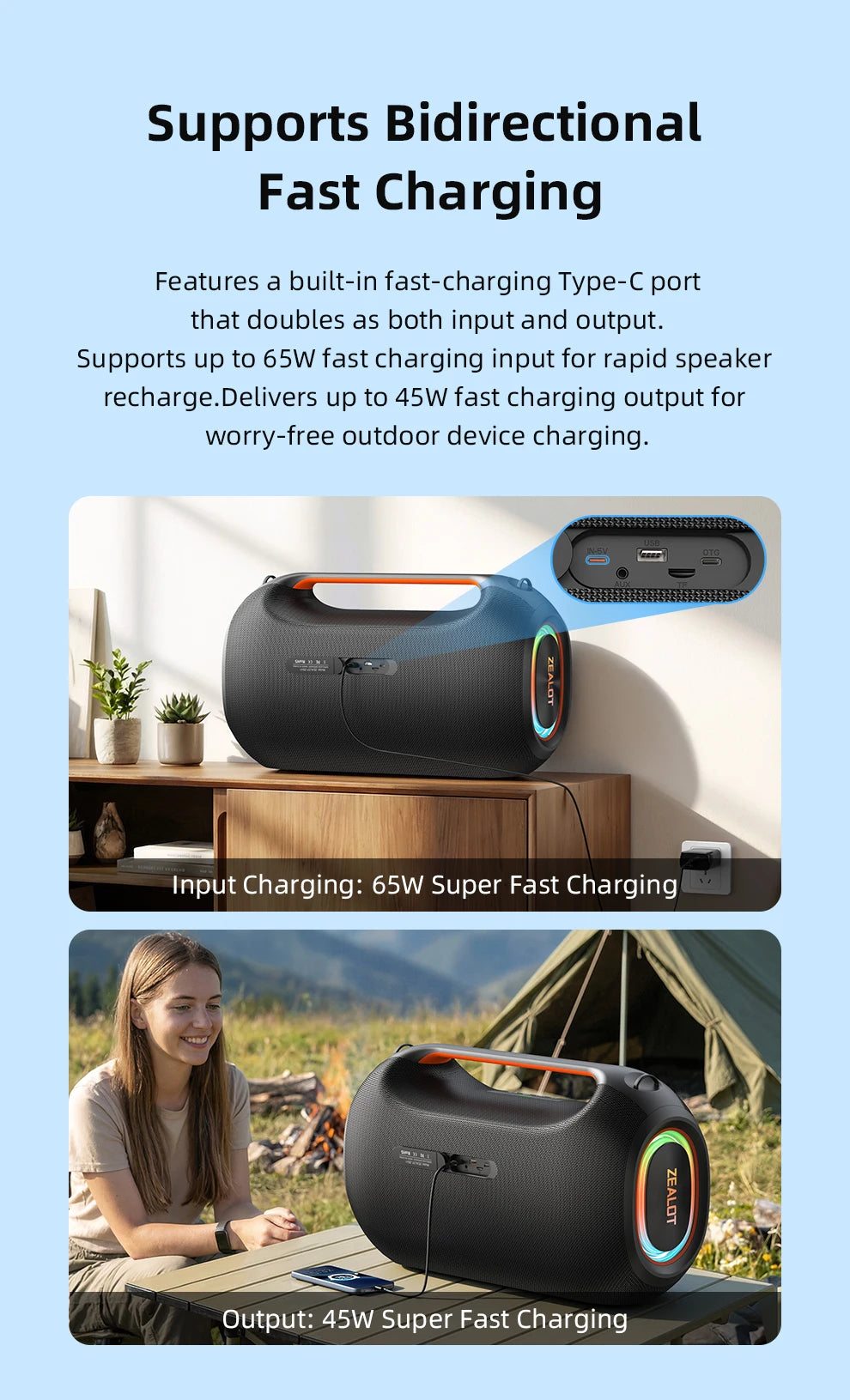 ZEALOT ZE41 250W Bluetooth Subwoofer | 48000mAh Long-Lasting Battery, RGB Lights, OTG Recording, Smart APP Control