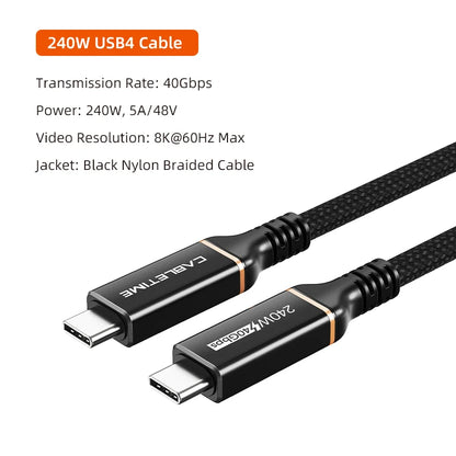 CABLETIME USB C to USB C Cable PD 240W Thunderbolt 4 40Gbps Type C to C 8K 60Hz Cable for Macbook Pro Fast Charge Cable