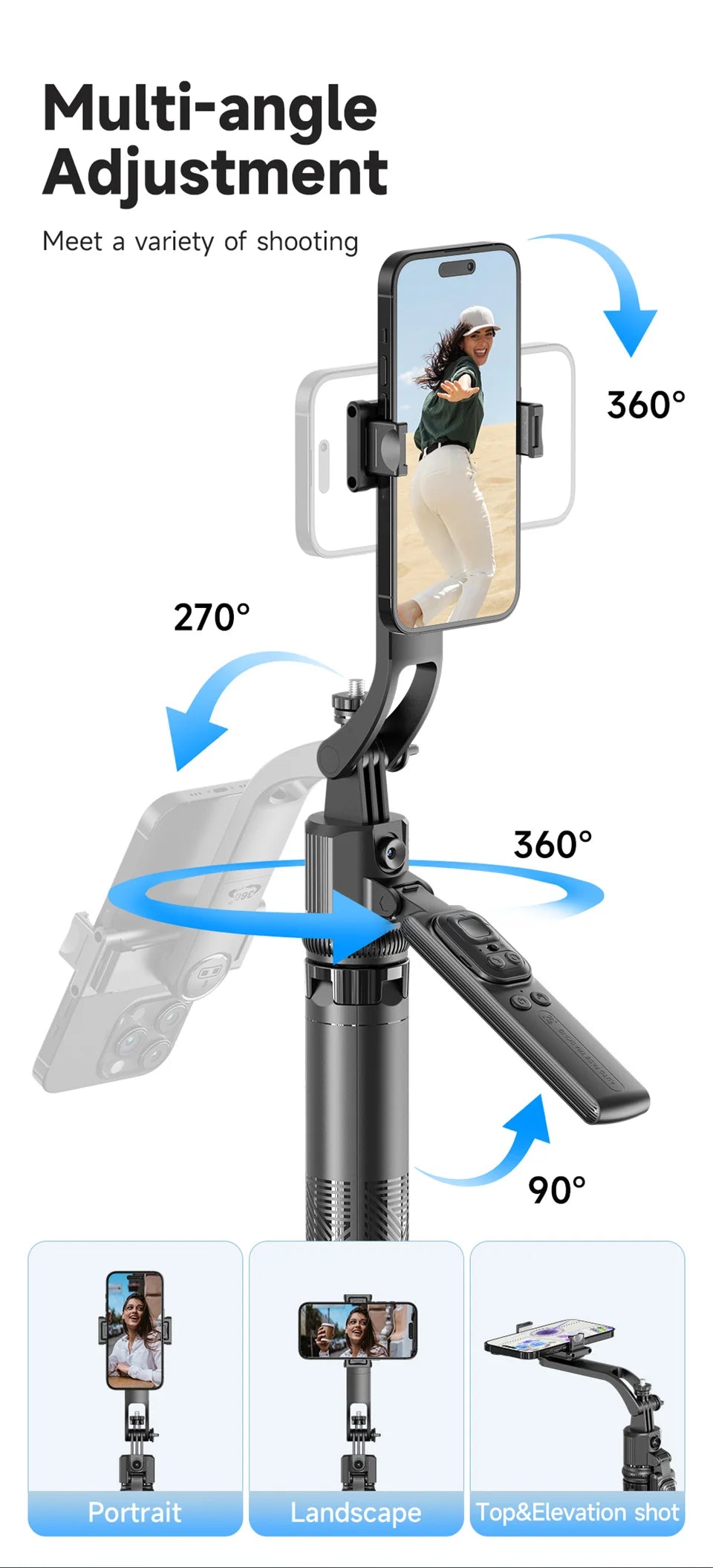 Selfie Stick Tripod Gimbal for Cell Phone 360° Auto-Rotation AI Tracking Stabilizer Shooting Quadrapod with Optional Fill Light