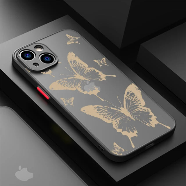 Butterfly Printed Case for Apple iPhone 15 11 14 13 12 Pro 7 XR X XS Max 8 Plus 6 6S SE 2022 15Pro Black Matte Phone Funda