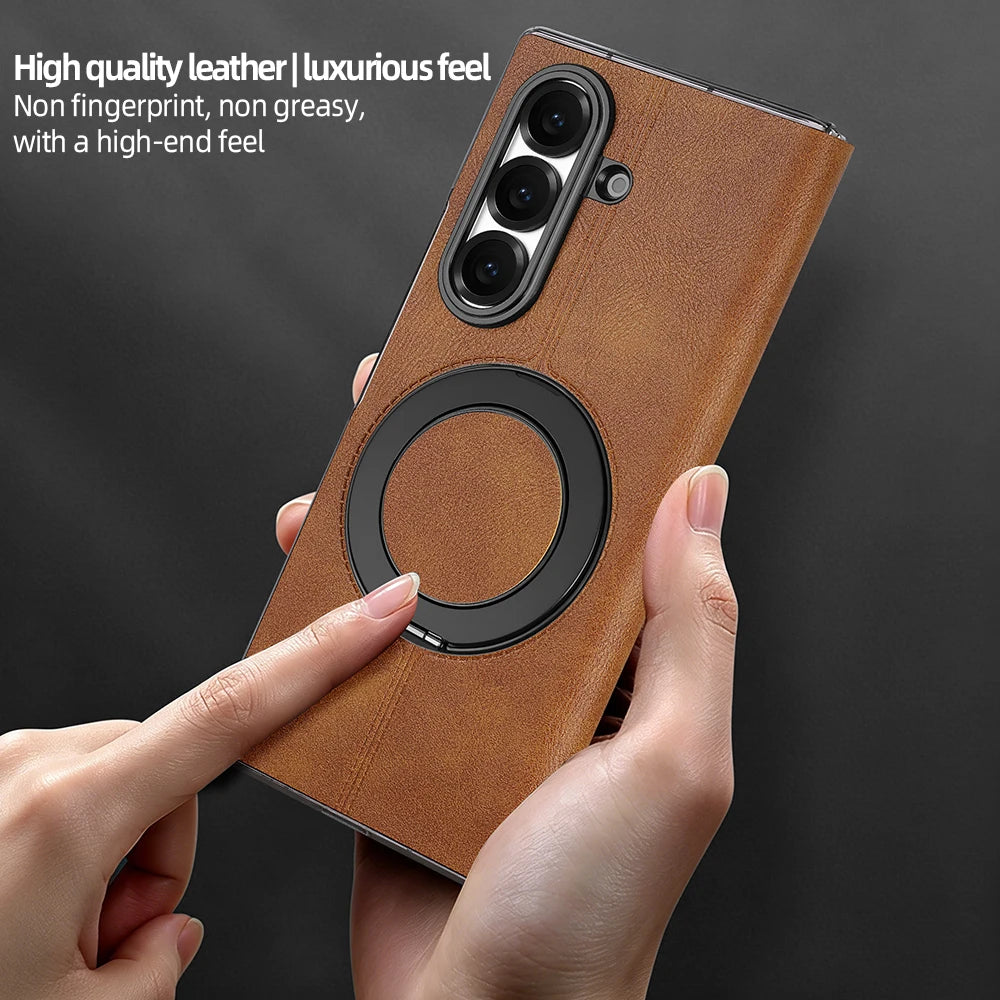 Magnetic Plain PU Leather Flip Phone Case With 360° Rotatable Ring Kickstand Holder for Samsung For Galaxy Z Fold 8 Ultra 7/6